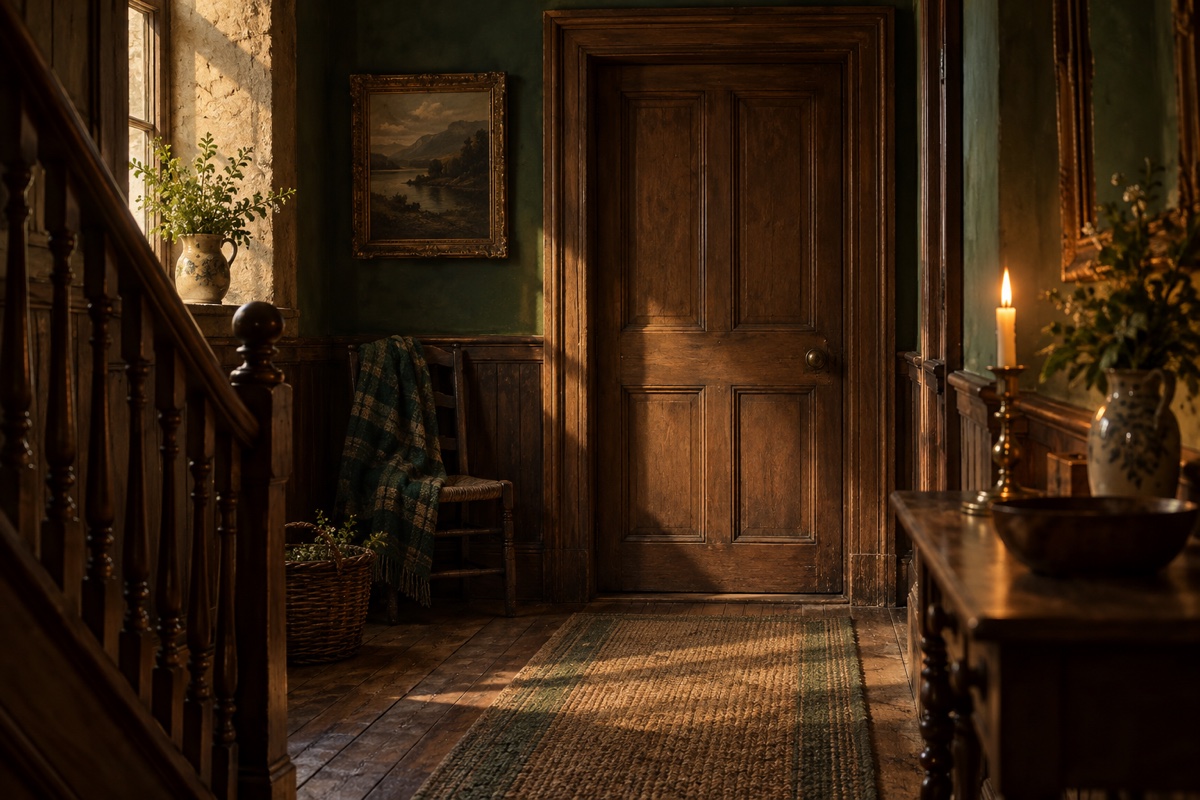 Illustration contemporaine : Porte fermée et chandelle dans un couloir.
