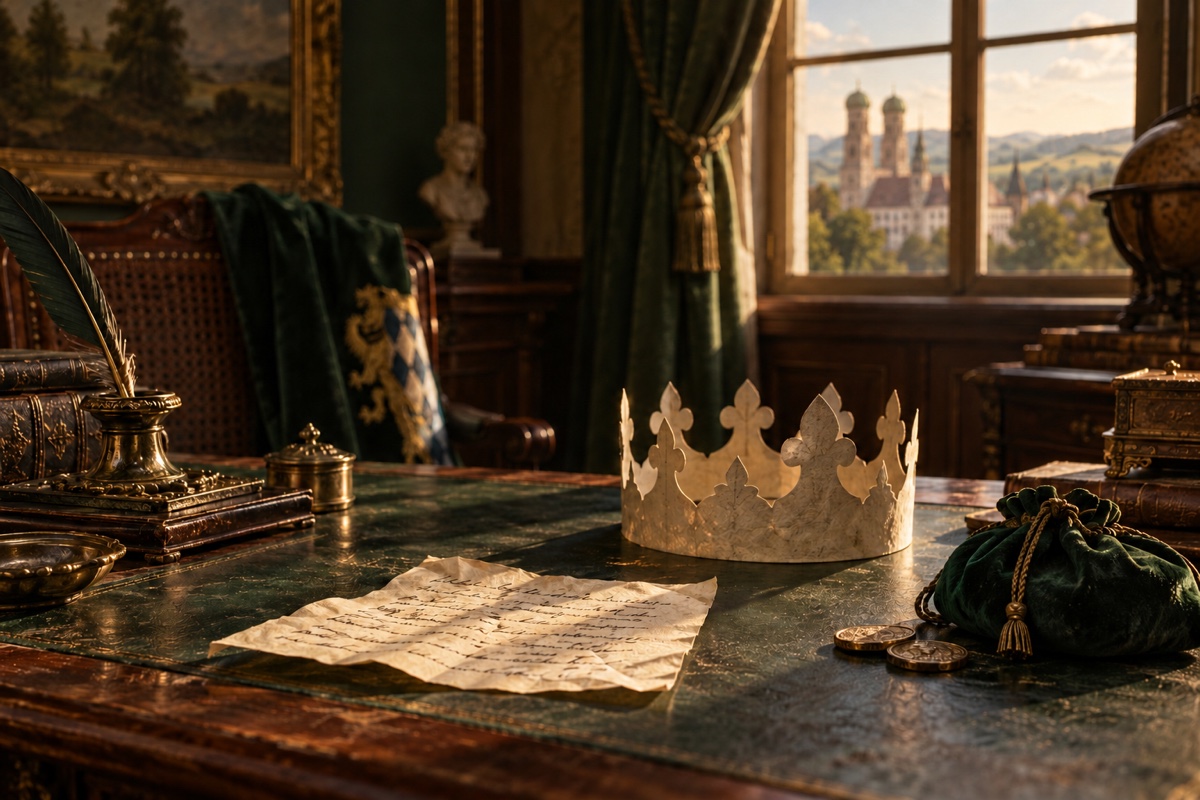 Illustration contemporaine : Couronne de papier, billet et bourse sur une table.