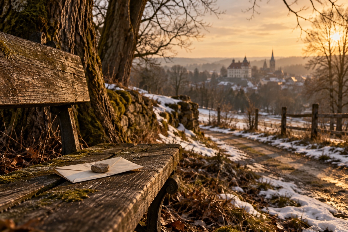 Illustration contemporaine : Lettre posée sur un banc au bord d’un chemin.