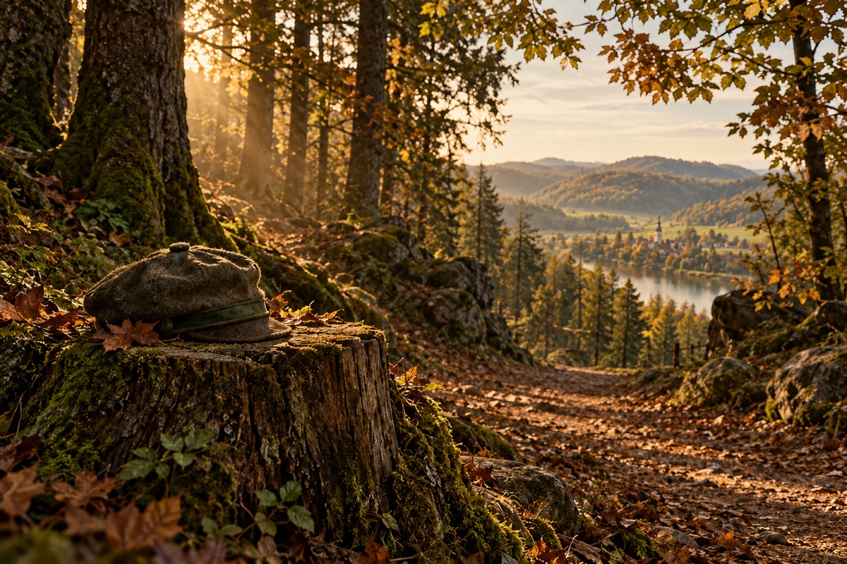 Illustration contemporaine : Casquette sur une souche près d’un chemin forestier.