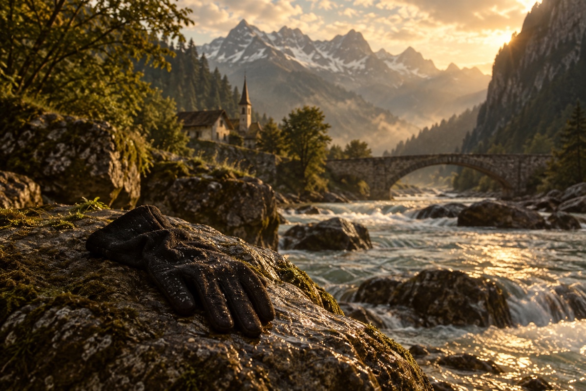 Illustration contemporaine : Gant humide au bord d’une rivière alpine.
