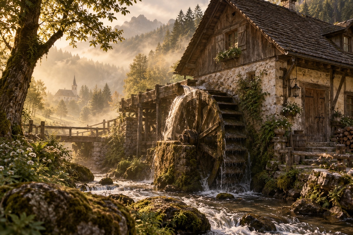 Illustration contemporaine : Moulin à eau au bord d’un ruisseau bavarois.