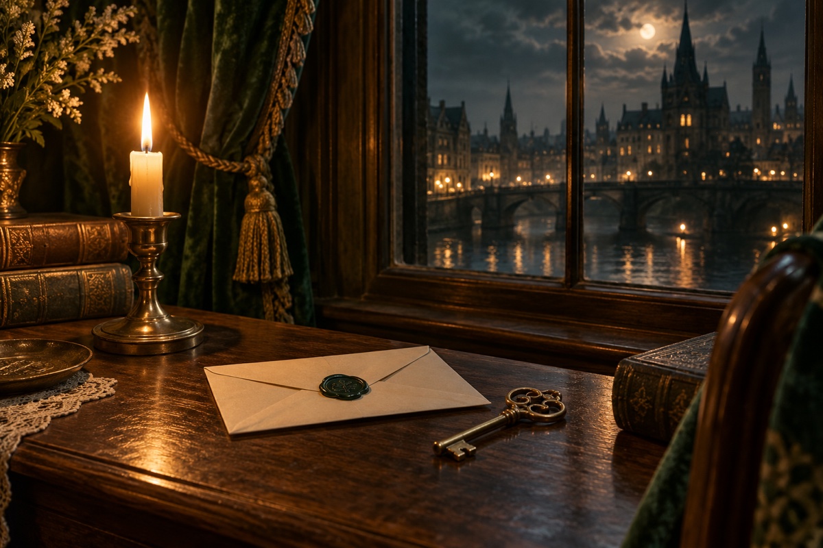 Illustration contemporaine : Clef et lettre sur une table devant une fenêtre nocturne.