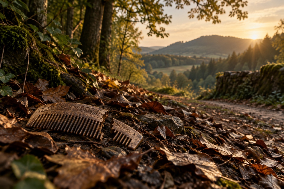 Illustration contemporaine : Peigne cassé au bord d’un chemin forestier.