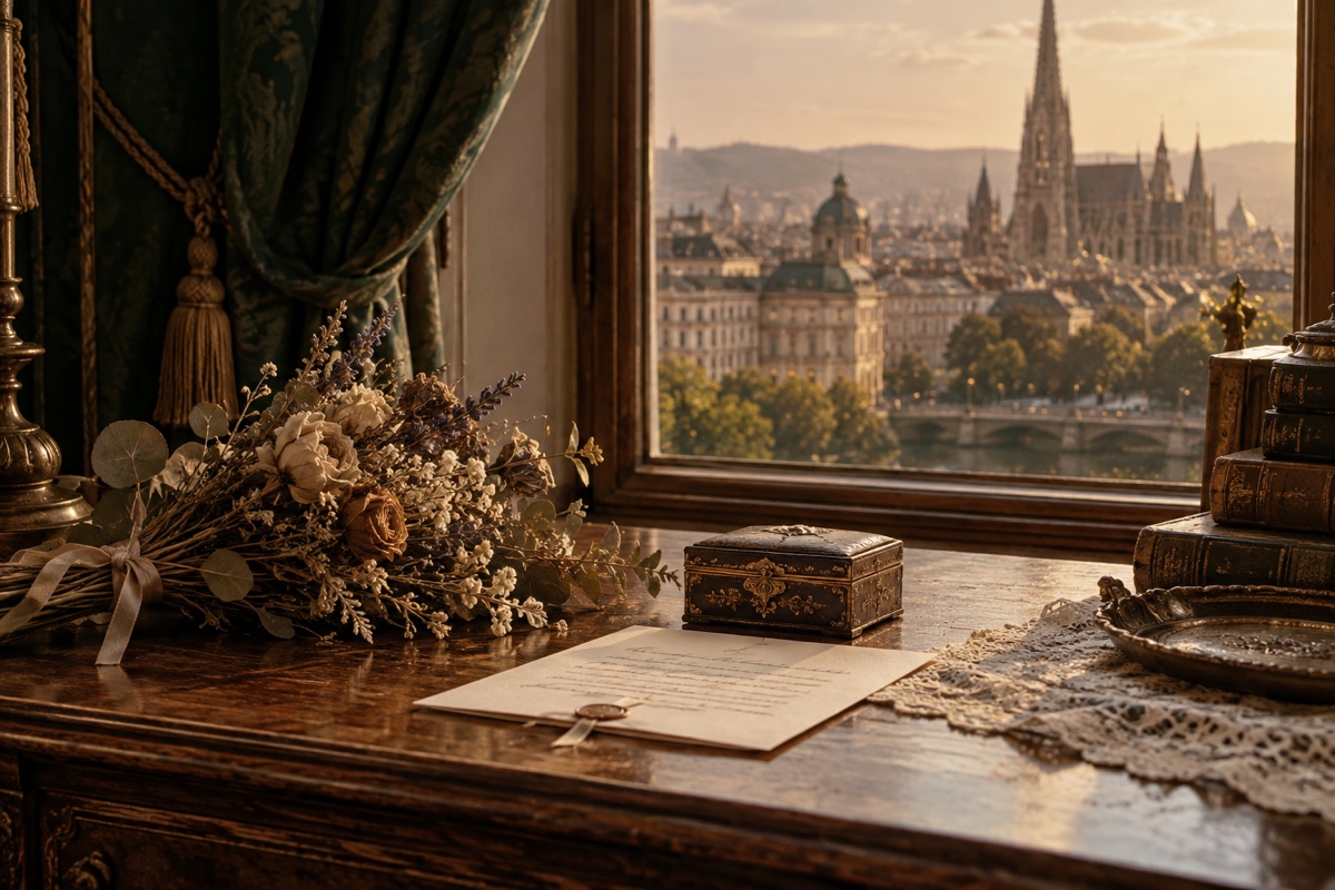 Illustration contemporaine : Lettre, coffret et bouquet séché sur une table.