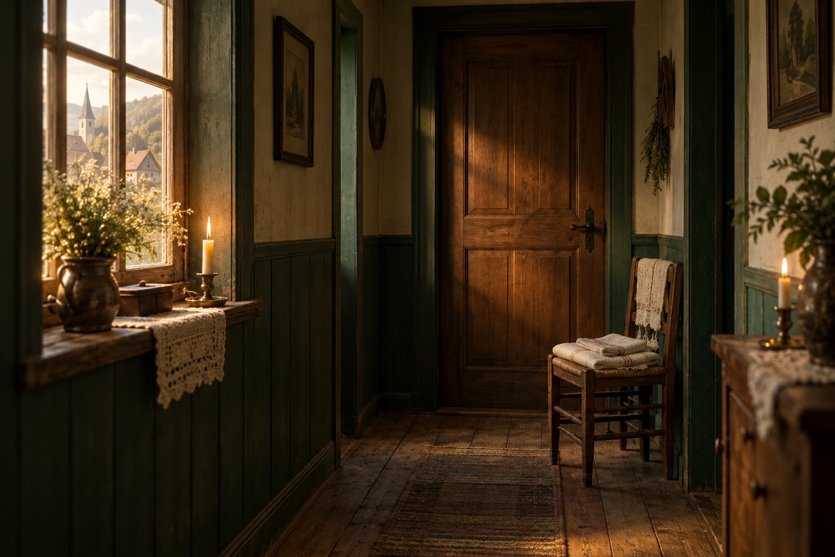 Illustration contemporaine : Porte de chambre et linge plié dans un couloir.