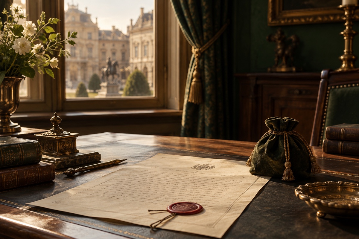 Illustration contemporaine : Contrat, cachet de cire et bourse sur un bureau.