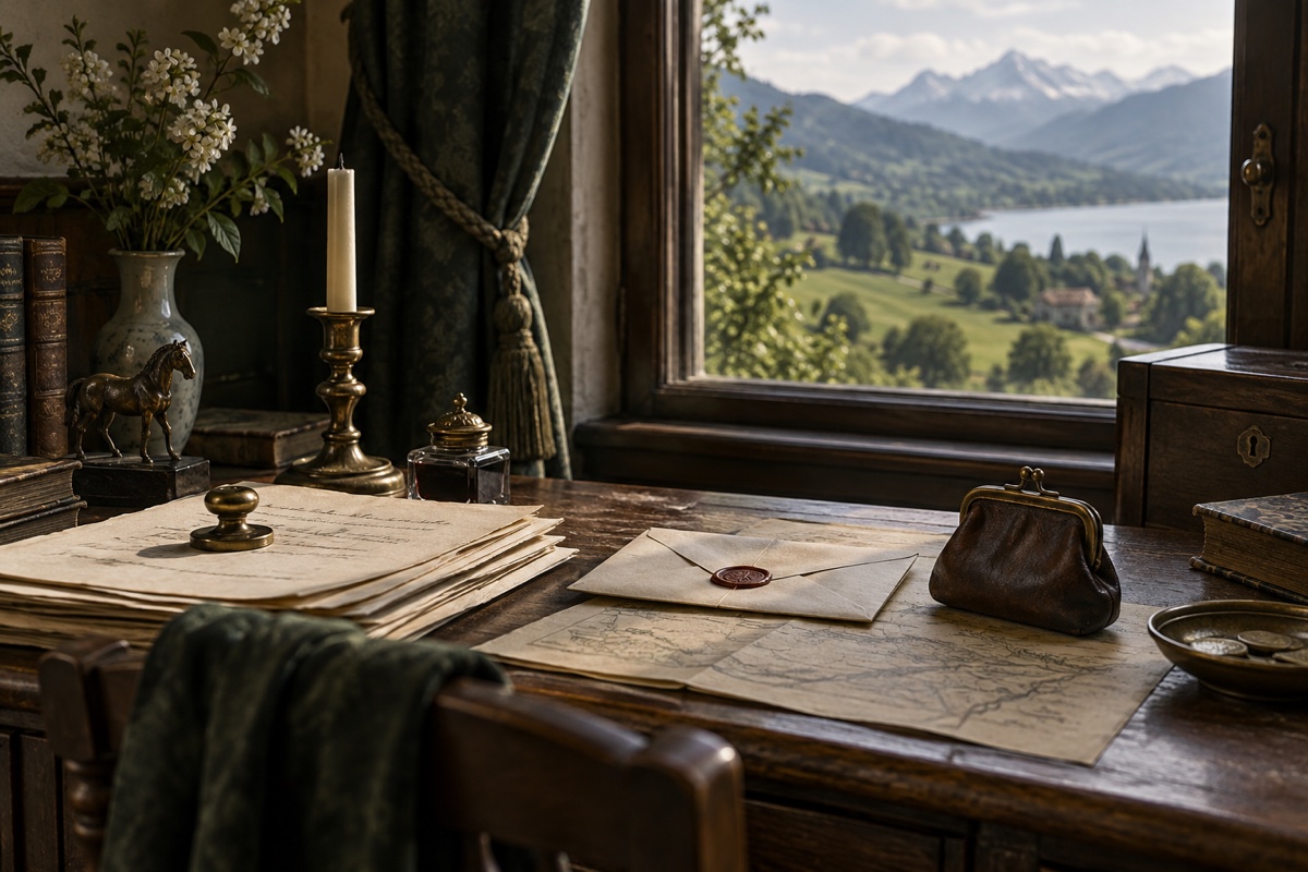 Illustration contemporaine : Lettre cachetée, bourse, pièces et papiers sur un bureau devant un paysage vallonné.