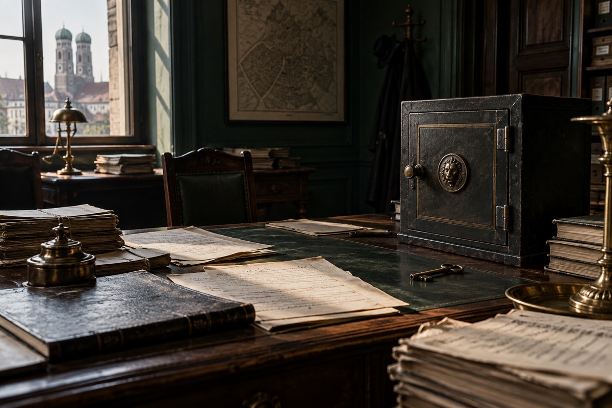 Illustration contemporaine : Coffre-fort métallique, dossiers et papiers sur un bureau.