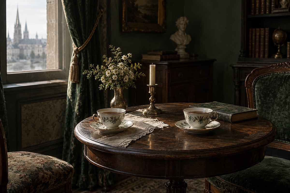 Illustration contemporaine : Deux tasses de thé, livre, bouquet et bougie éteinte sur une table ronde dans un salon.