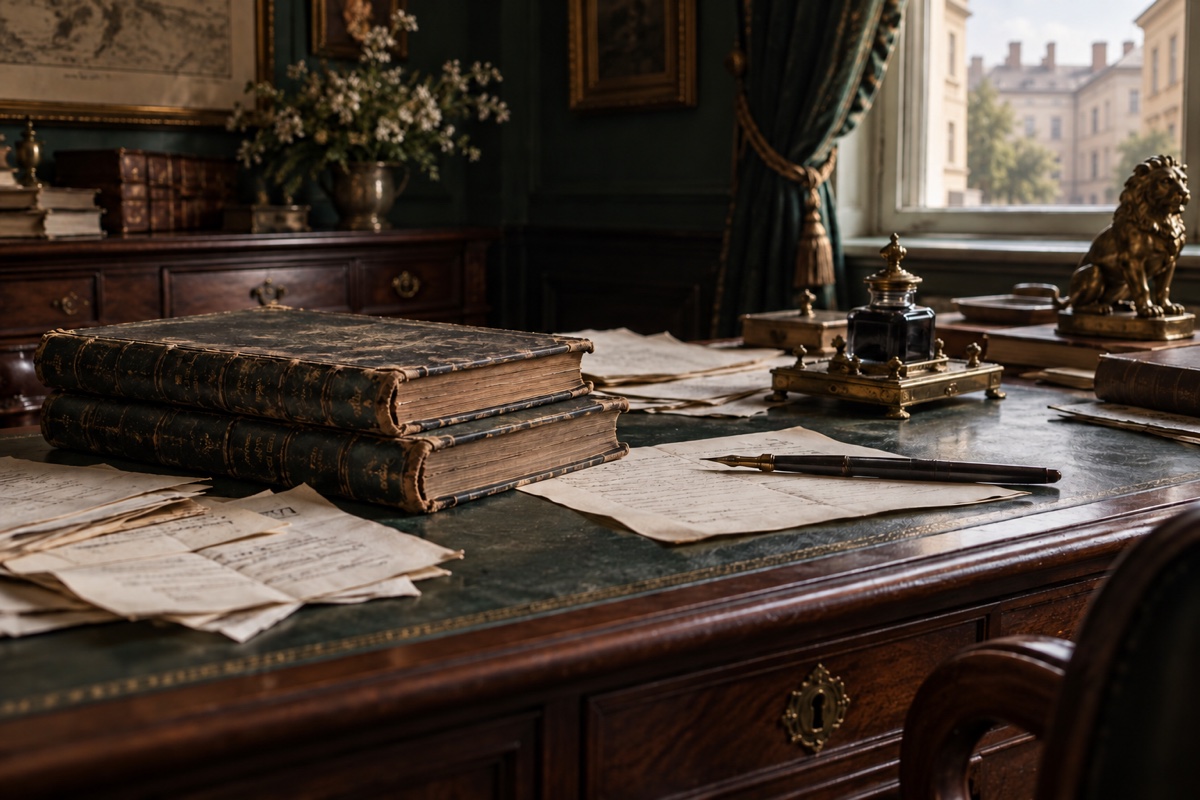 Illustration contemporaine : Livres, feuilles et matériel de bureau sur une table.