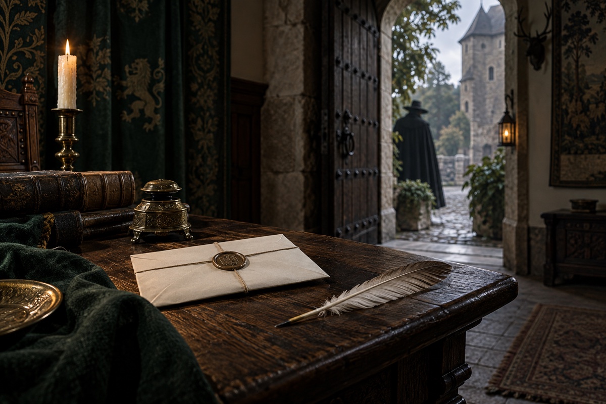 Illustration contemporaine : Lettre cachetée et plume sur une table, porte de château ouverte sur une silhouette en manteau.