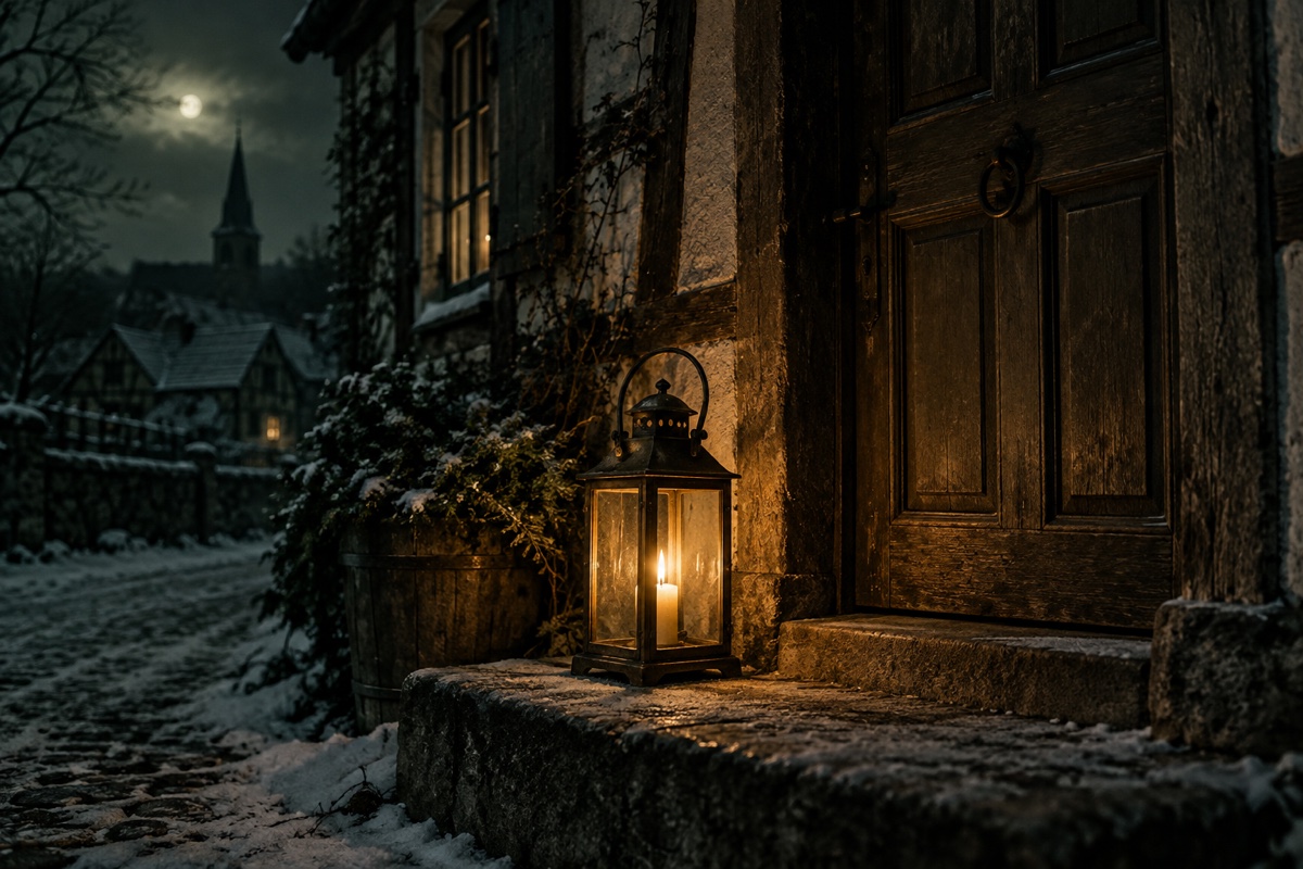 Illustration contemporaine : Lanterne allumée devant une porte, maisons enneigées dans la nuit.