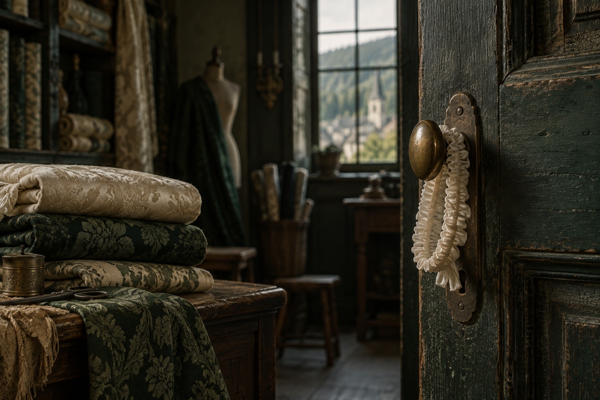 Illustration contemporaine : Étoffes pliées dans une boutique et jarretière suspendue à la poignée d’une porte de bois.