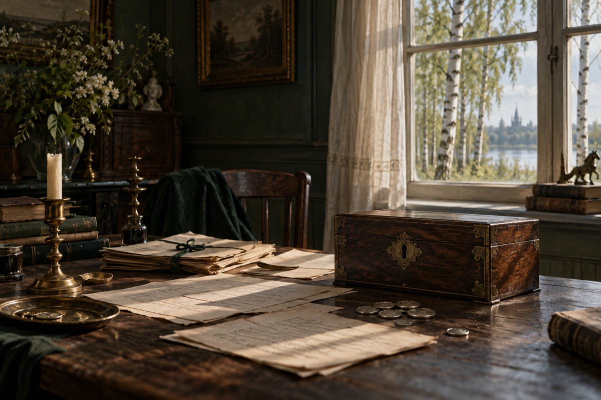 Illustration contemporaine : Coffret de bois fermé, pièces et papiers sur un bureau devant une fenêtre.