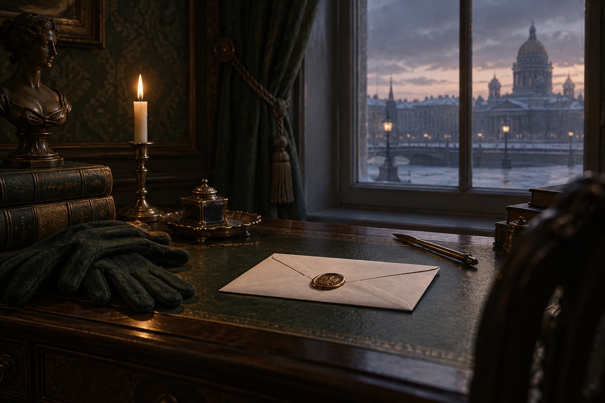 Illustration contemporaine : Lettre cachetée, gants et plume sur un bureau devant une fenêtre donnant sur une ville au bord d’une rivière.