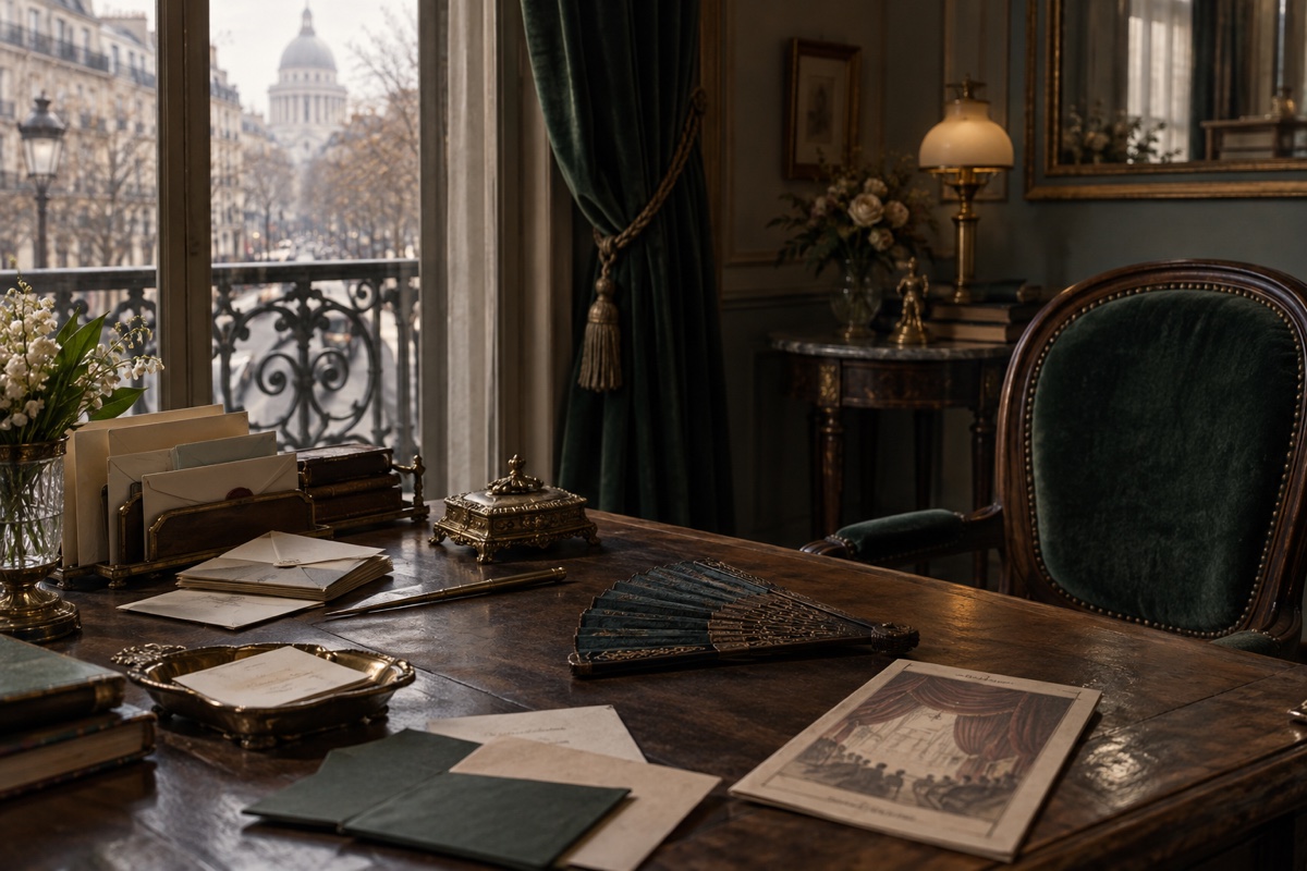 Illustration contemporaine : Lettres, papiers et éventail ouvert sur un bureau près d’une fenêtre donnant sur une place.