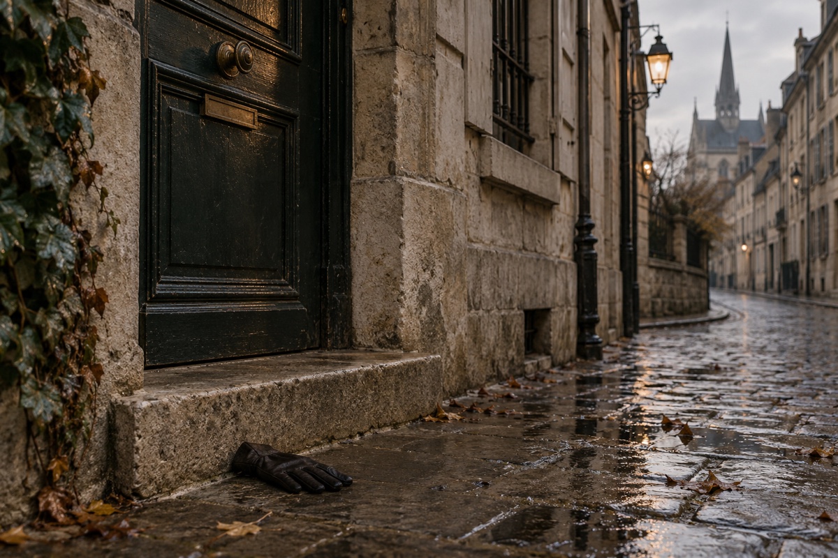 Illustration contemporaine : Gant noir au sol devant une porte de pierre dans une rue pavée mouillée.