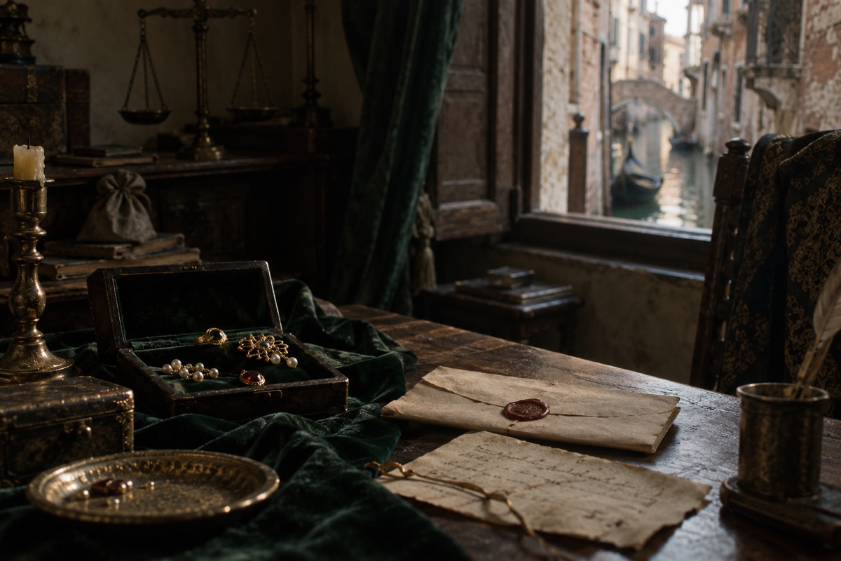 Illustration contemporaine : Écrin de bijoux ouvert et lettres scellées sur une table devant une fenêtre donnant sur un canal.