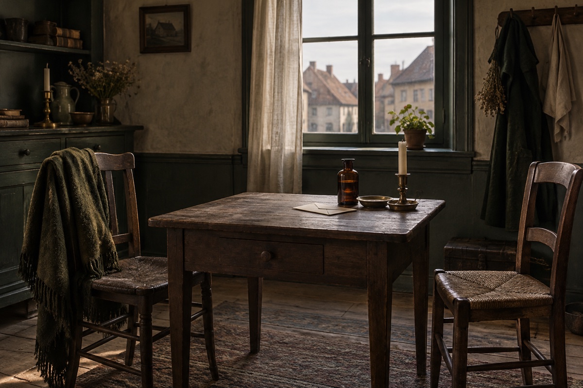Illustration contemporaine : Flacon brun, coupelle, bougie et papiers sur une table de bois entre deux chaises.