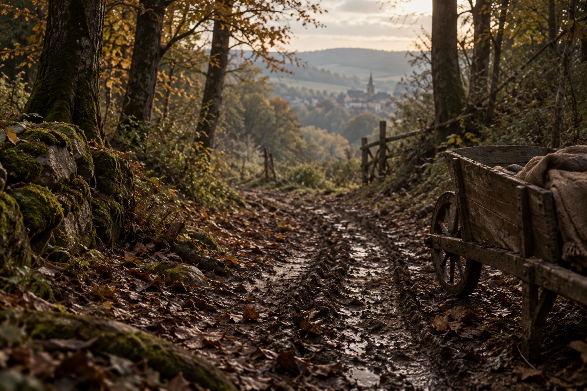 Illustration contemporaine : Brouette près de traces de roues dans un chemin forestier boueux.