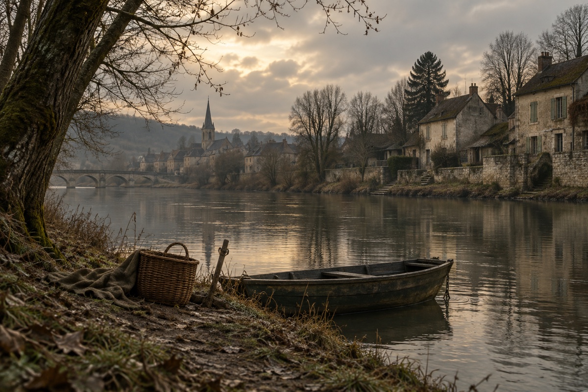 Illustration contemporaine : Panier d’osier près d’une barque amarrée sur une rivière bordée de maisons et d’un pont.