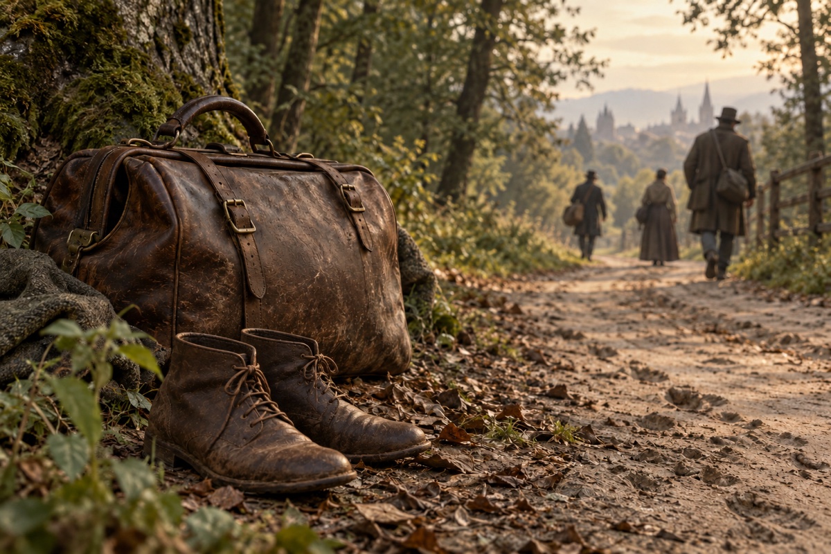 Illustration contemporaine : Sac de cuir et chaussures au pied d’un arbre, trois silhouettes sur un chemin menant vers une ville.