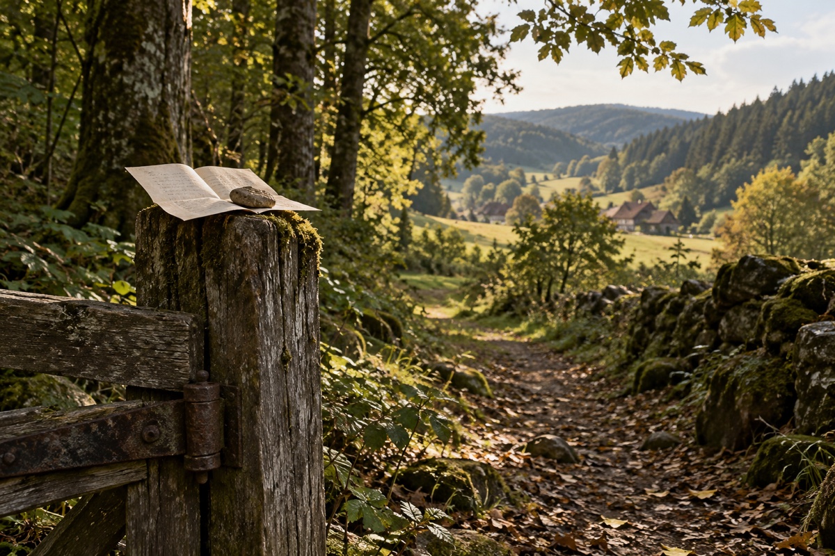 Illustration contemporaine : Lettre maintenue par une pierre sur une souche au bord d’un chemin rural.