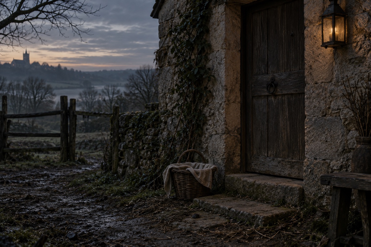 Illustration contemporaine : Porte de ferme fermée, lanterne allumée et panier au seuil dans un paysage au crépuscule.