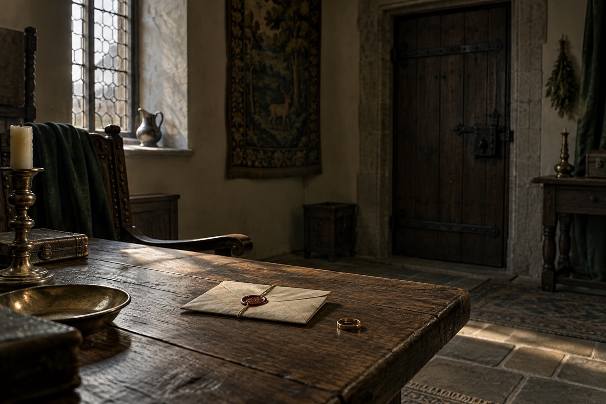Illustration contemporaine : Lettre cachetée et anneau sur une table devant une porte de bois fermée.