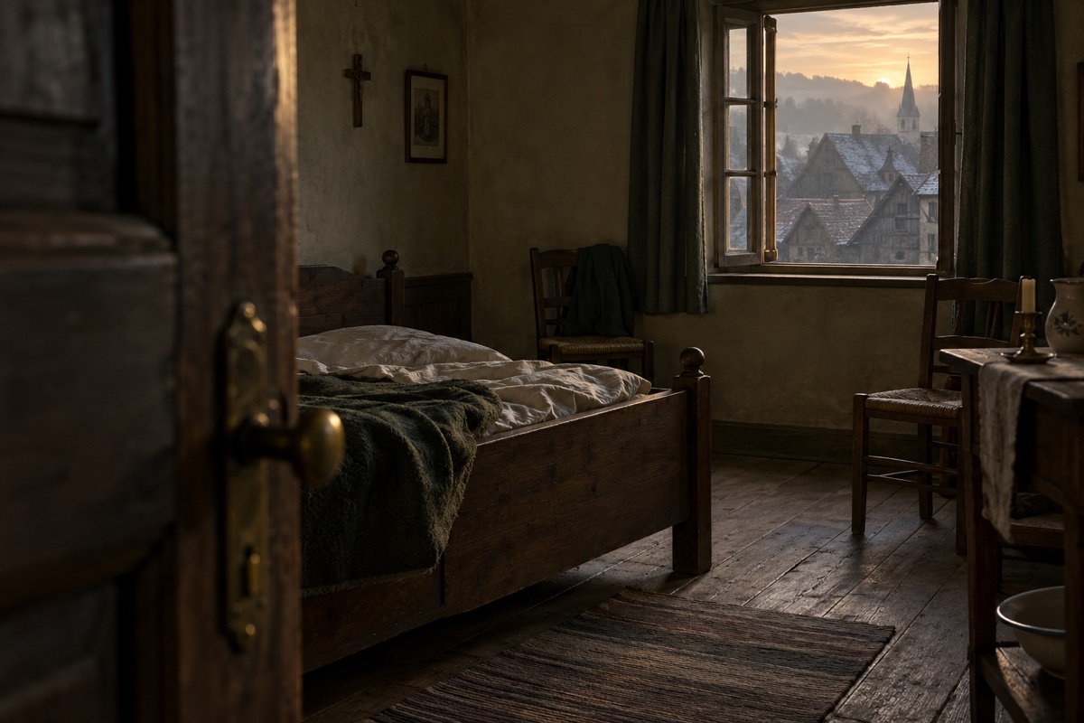 Illustration contemporaine : Porte entrouverte sur une chambre, lit défait et fenêtre ouverte donnant sur des toits.