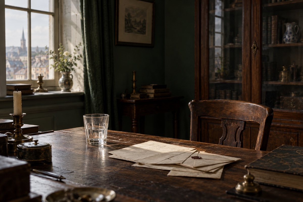 Illustration contemporaine : Verre, papiers et lettre cachetée sur une table devant une chaise et une armoire vitrée.