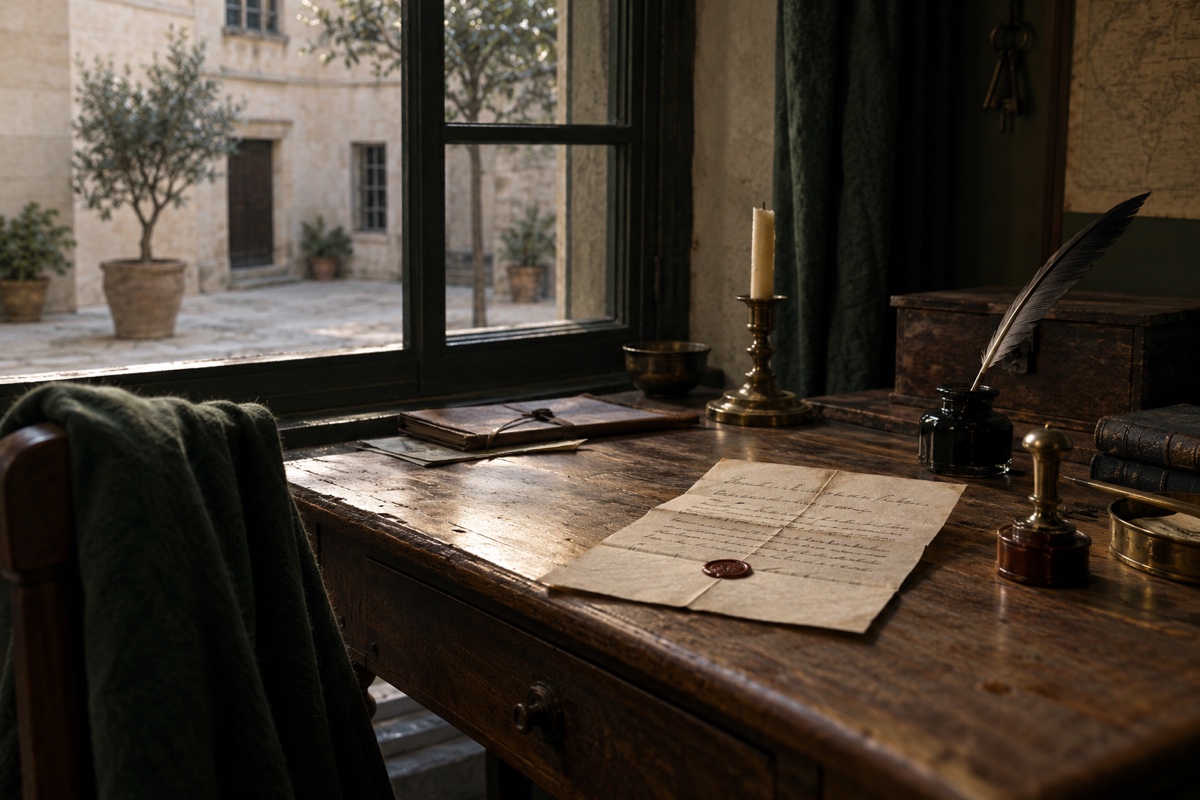 Illustration contemporaine : Lettre cachetée, encrier et plume sur un bureau près d’une fenêtre ouverte sur une cour.