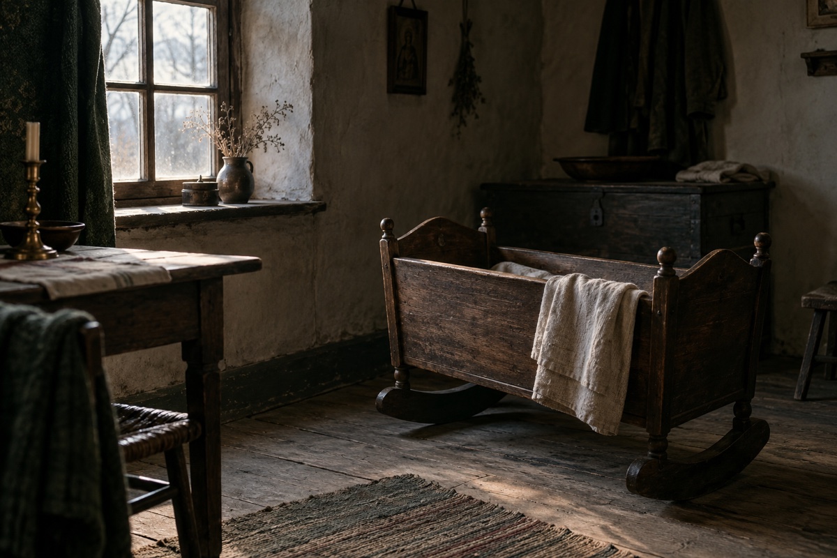 Illustration contemporaine : Berceau de bois vide dans une chambre éclairée par une fenêtre.