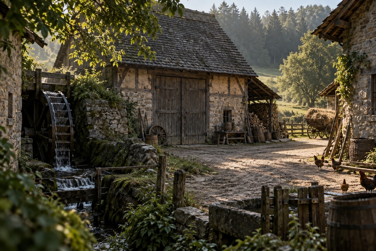 Illustration contemporaine : Roue à eau et bâtiments de moulin dans une cour rurale, charrette et poules à proximité.