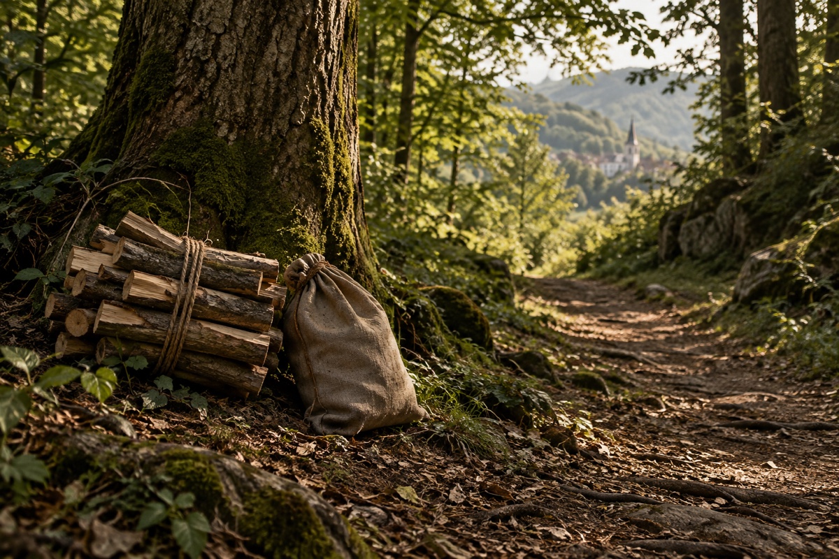 Illustration contemporaine : Fagot de bois lié et sac de toile au pied d’un arbre près d’un sentier forestier.