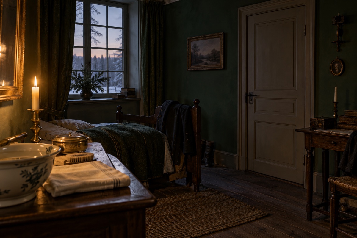 Illustration contemporaine : Chambre vide au crépuscule, lit défait, porte fermée et bougie allumée.