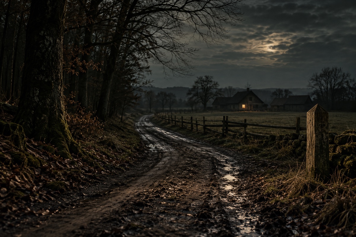Illustration contemporaine : Chemin boueux dans la nuit entre des arbres, une clôture et des fermes avec une fenêtre éclairée.