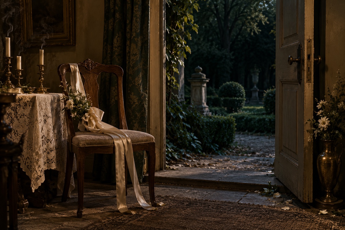 Illustration contemporaine : Voile et bouquet sur une chaise près d’une porte ouverte sur un jardin.