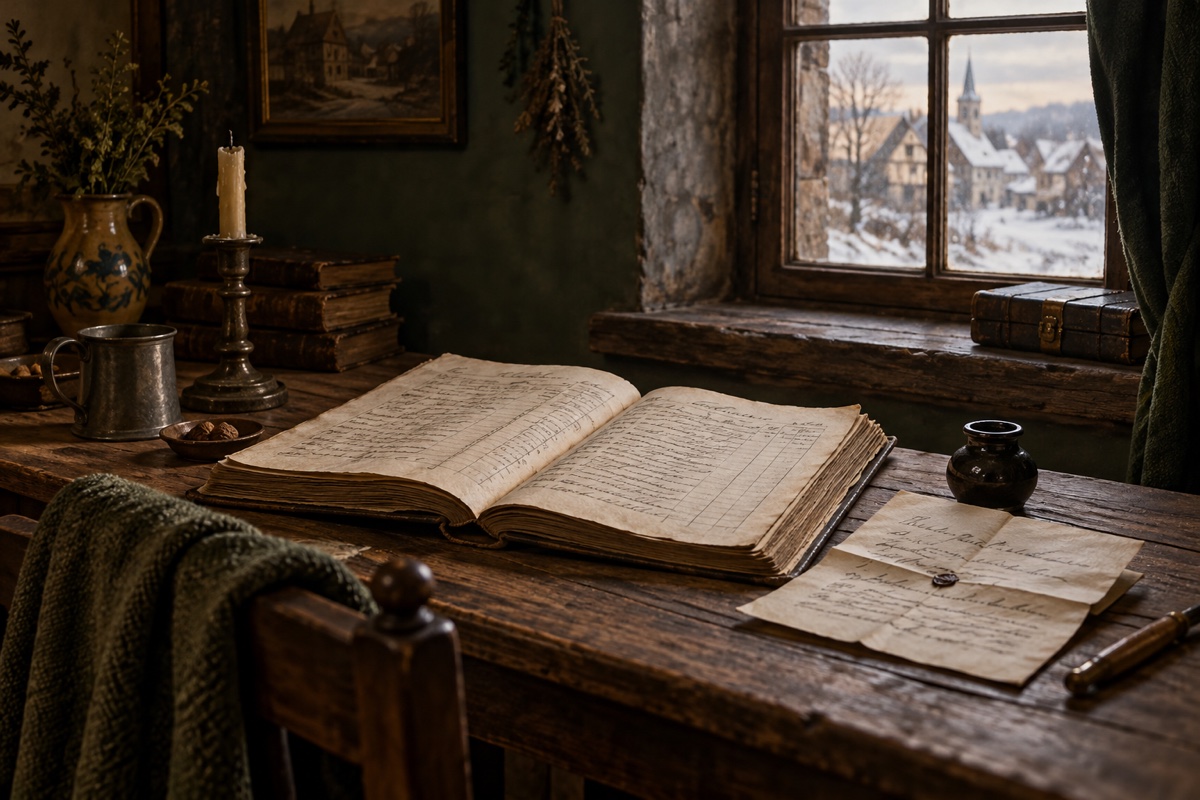 Illustration contemporaine : Registre ouvert, lettre manuscrite et plume sur une table devant une fenêtre donnant sur un village enneigé.