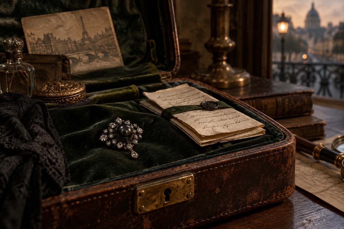 Illustration contemporaine : Écrin ouvert contenant une broche à perle noire et brillants, lettres sur une table.