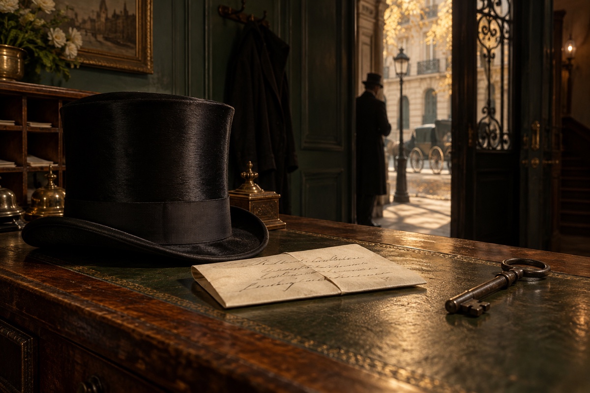 Illustration contemporaine : Haut-de-forme, lettre et clé sur un bureau, silhouette dans une porte ouverte.