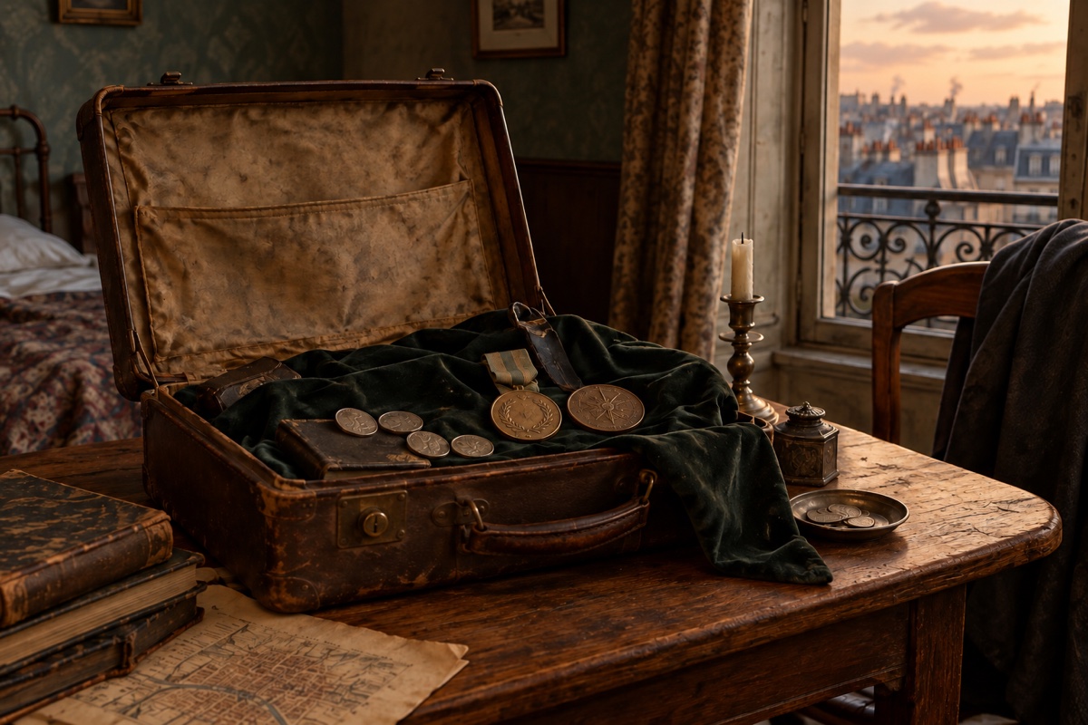 Illustration contemporaine : Valise ouverte contenant des pièces et des médailles à rubans sur une table près d’une fenêtre.