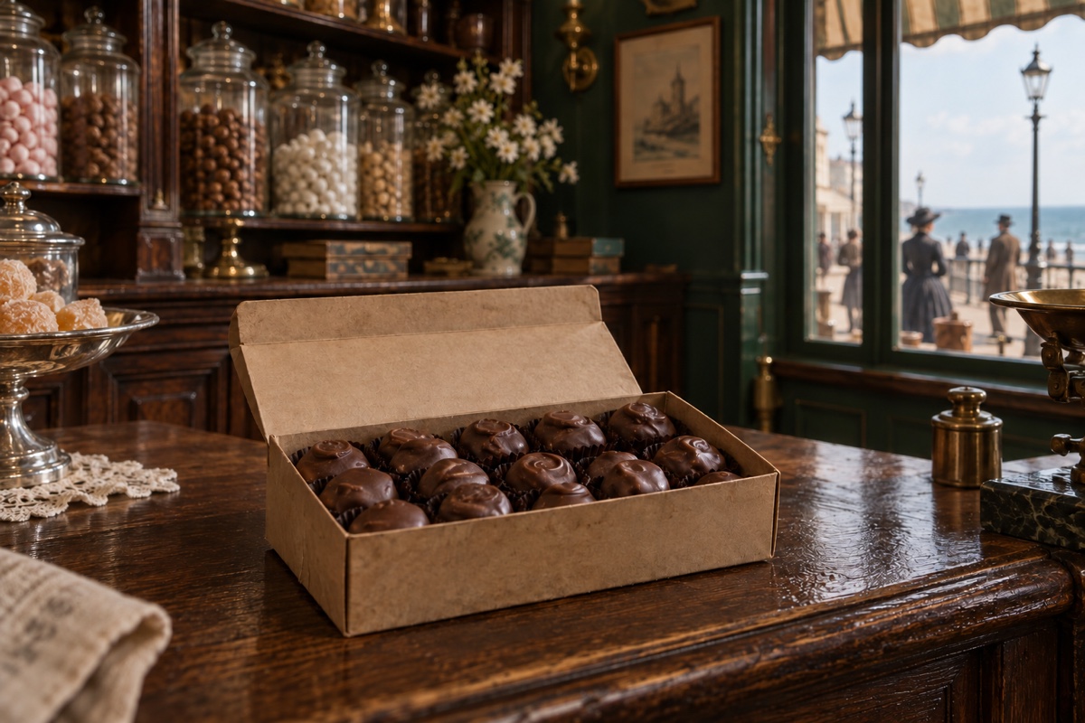 Illustration contemporaine : Boîte ouverte de chocolats sur le comptoir d’une confiserie, bocaux et devanture à l’arrière-plan.