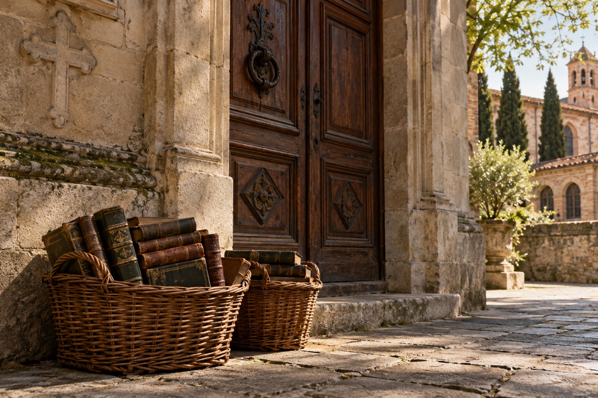 Illustration contemporaine : Porte fermée d’un bâtiment en pierre, paniers de livres sur les marches.