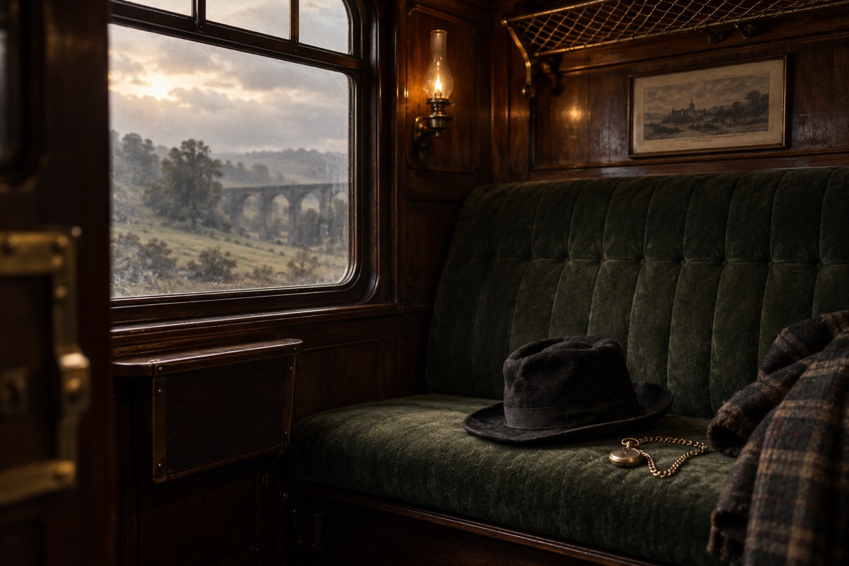 Illustration contemporaine : Chapeau noir, chaîne et montre sur la banquette d’un compartiment de train.