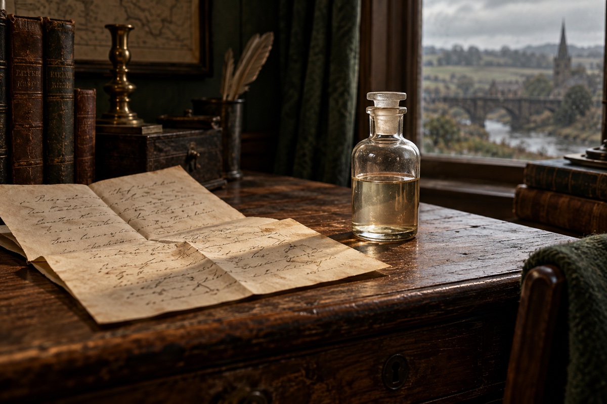 Illustration contemporaine : Flacon transparent bouché et feuillets manuscrits sur un bureau devant une fenêtre.