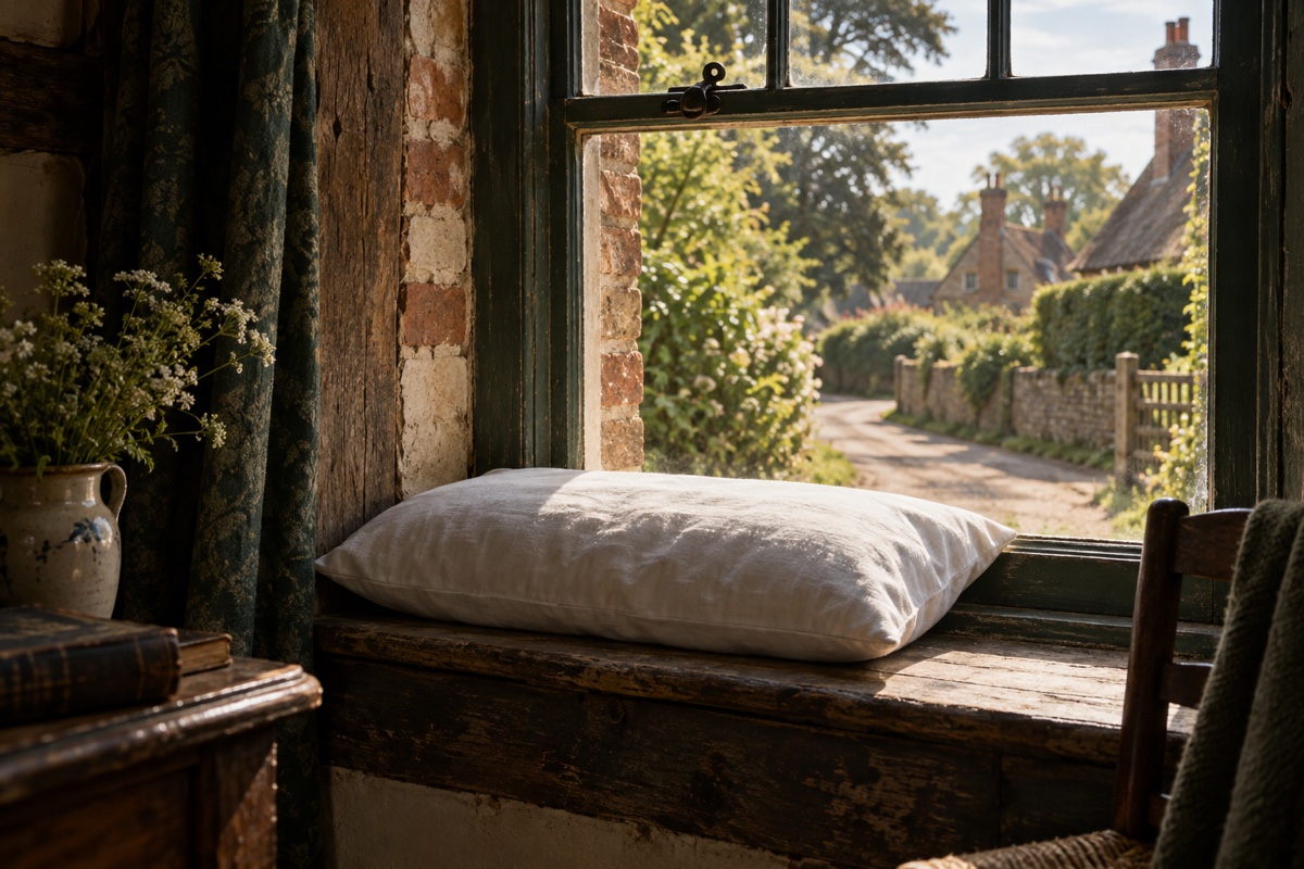 Illustration contemporaine : Coussin blanc sur le rebord d’une fenêtre ouverte donnant sur des maisons.