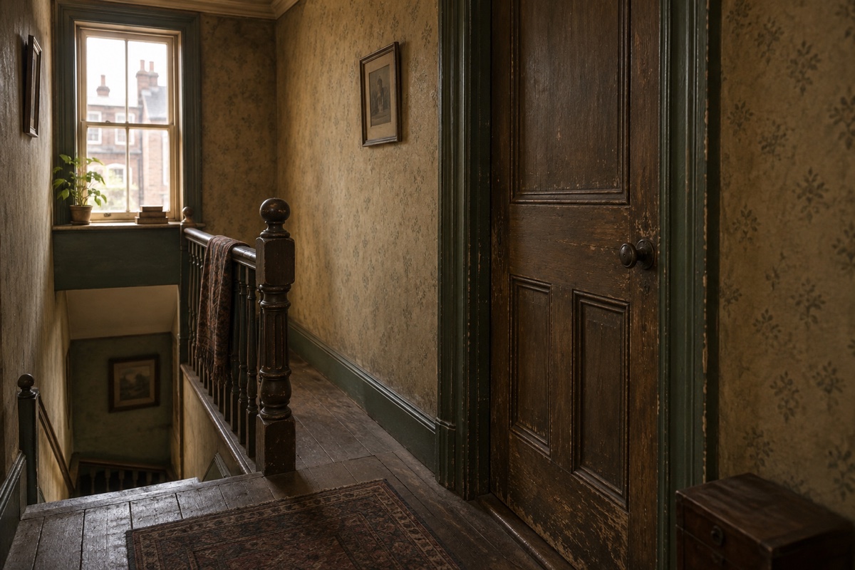 Illustration contemporaine : Porte de bois fermée sur un palier, escalier et fenêtre éclairant le couloir.