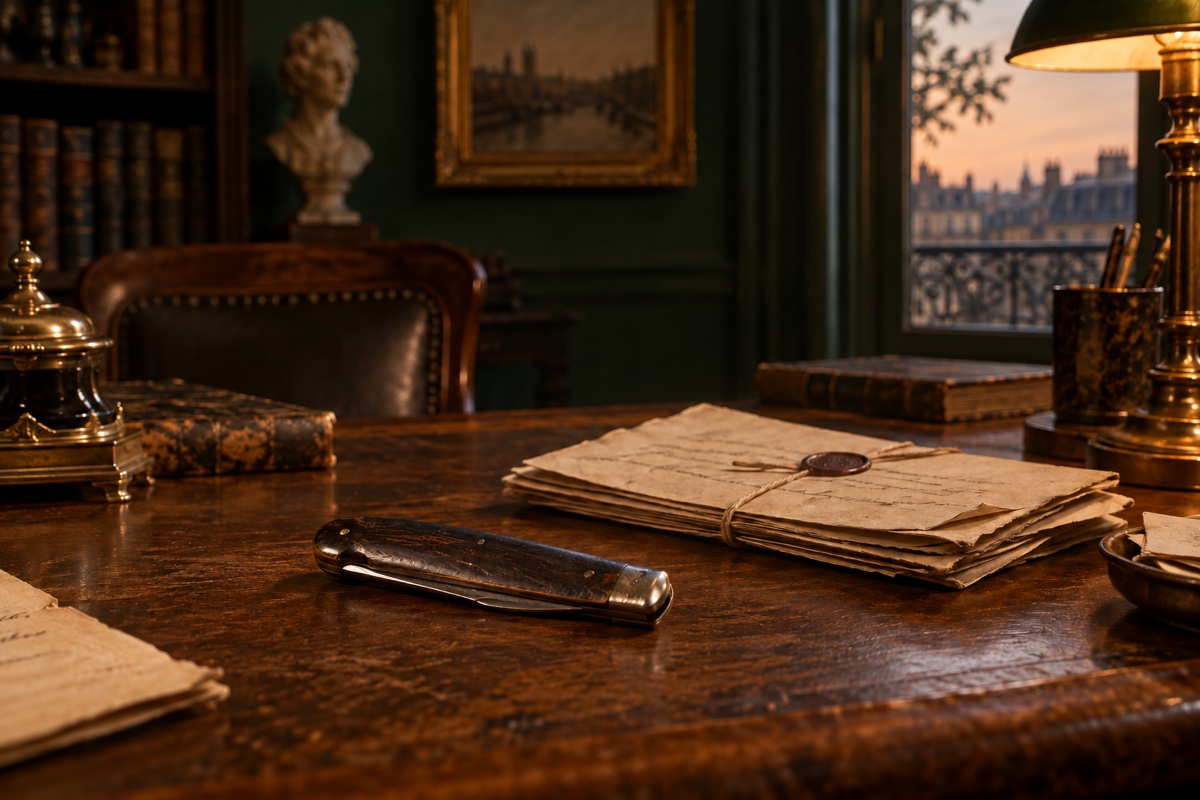 Illustration contemporaine : Couteau pliant fermé et lettres cachetées sur un bureau devant une fenêtre donnant sur des toits.